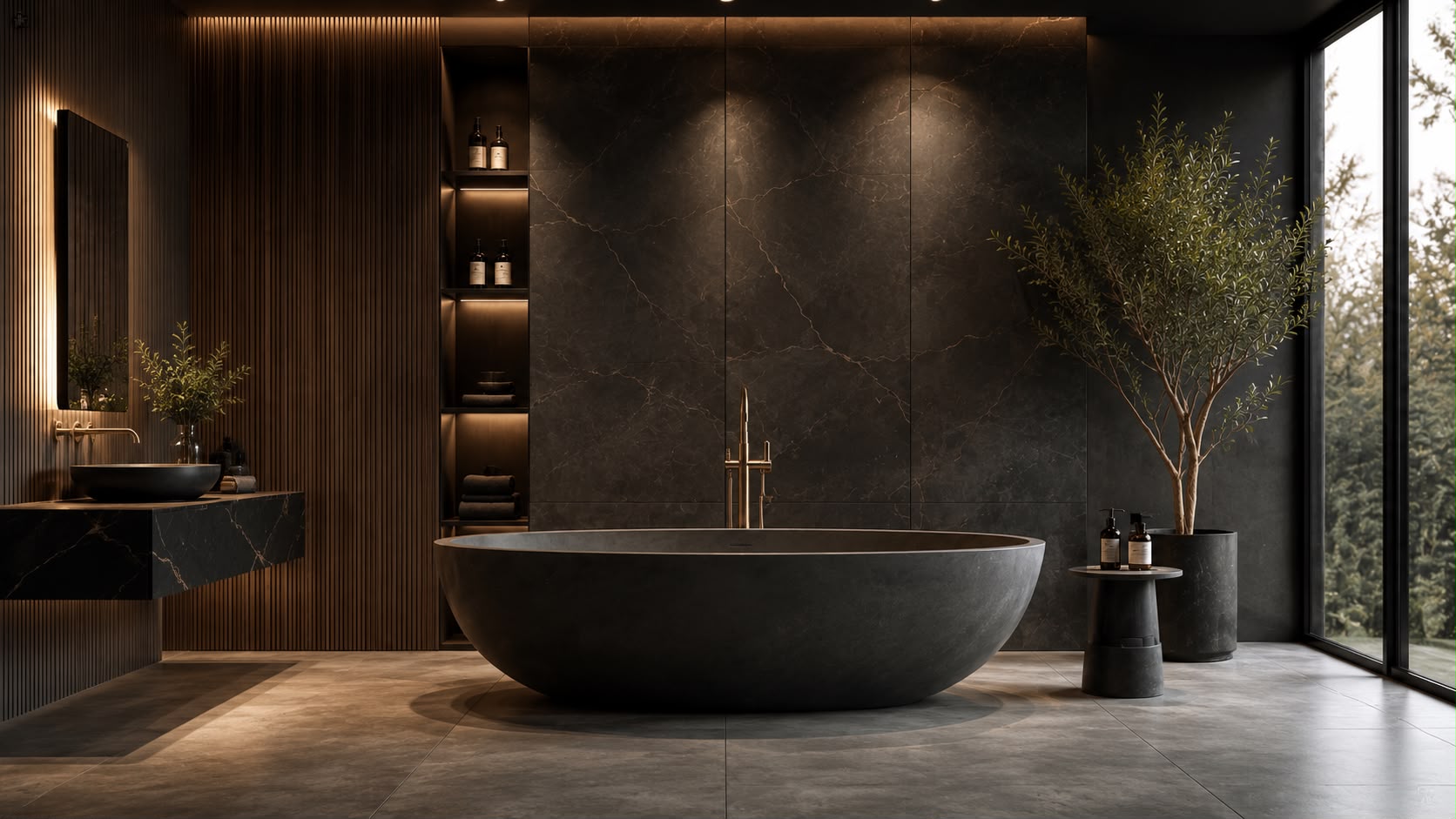 Luxe badkamer showroom van KIZIL Exclusive met moderne vrijstaande badkuip en exclusieve afwerking