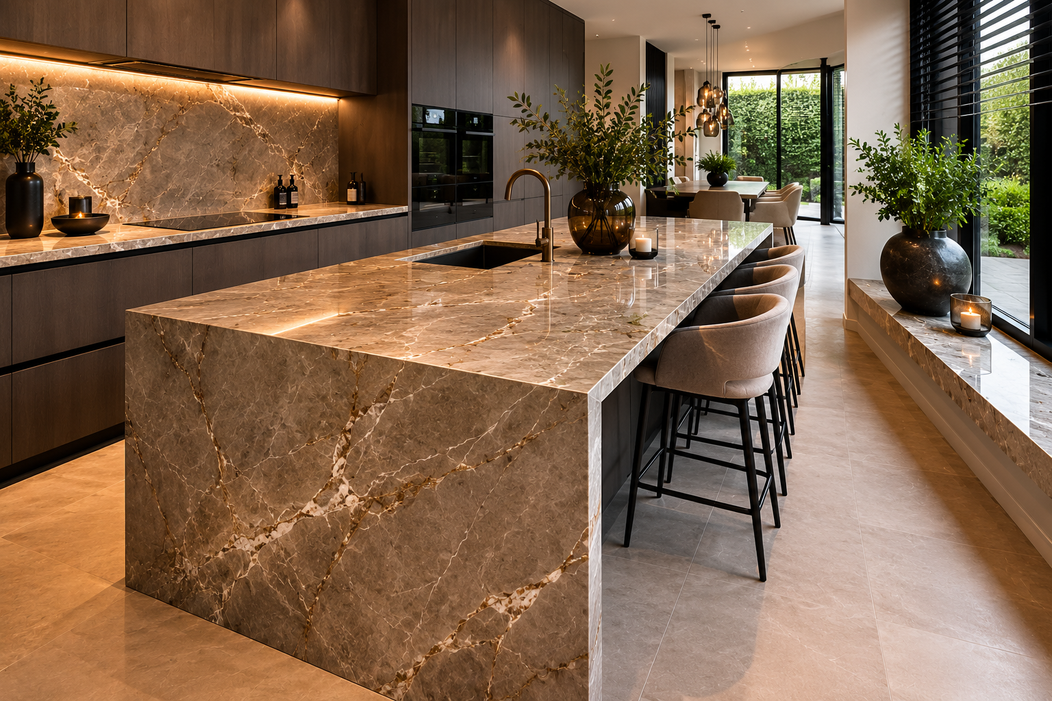 Maatwerk natuurstenen keukenblad met watervalafwerking, achterwand en vensterbank gerealiseerd door KIZIL Exclusive Den Haag