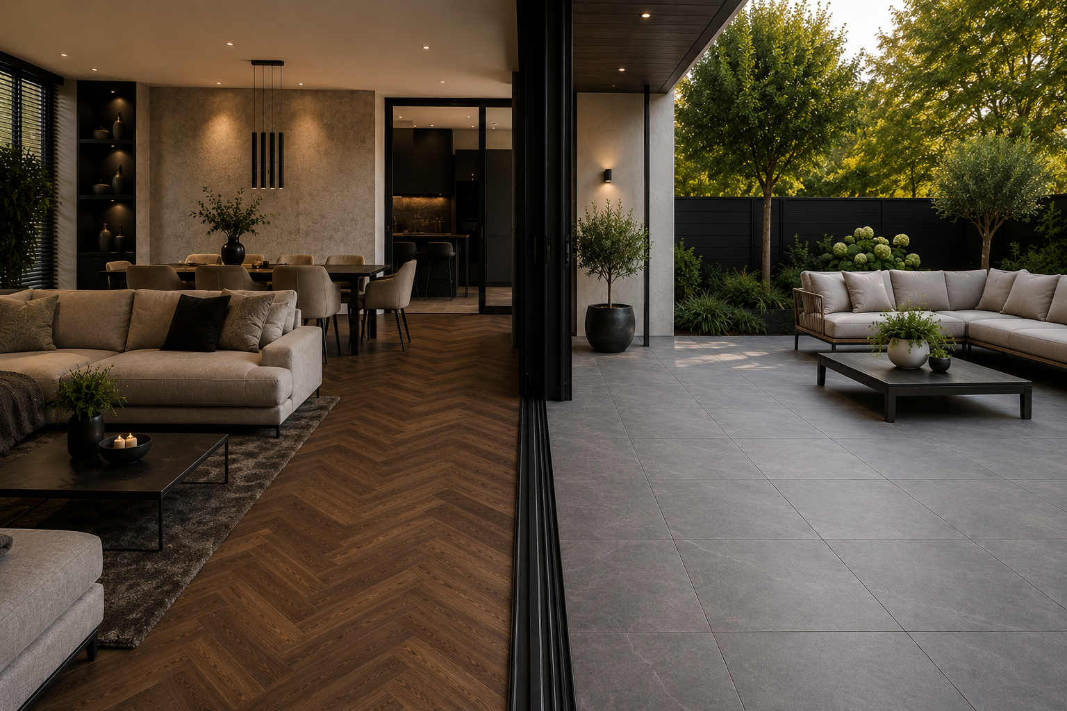 Donker eiken visgraat PVC vloer binnen met naadloze overgang naar outdoor keramische terrastegels door KIZIL Exclusive Den Haag